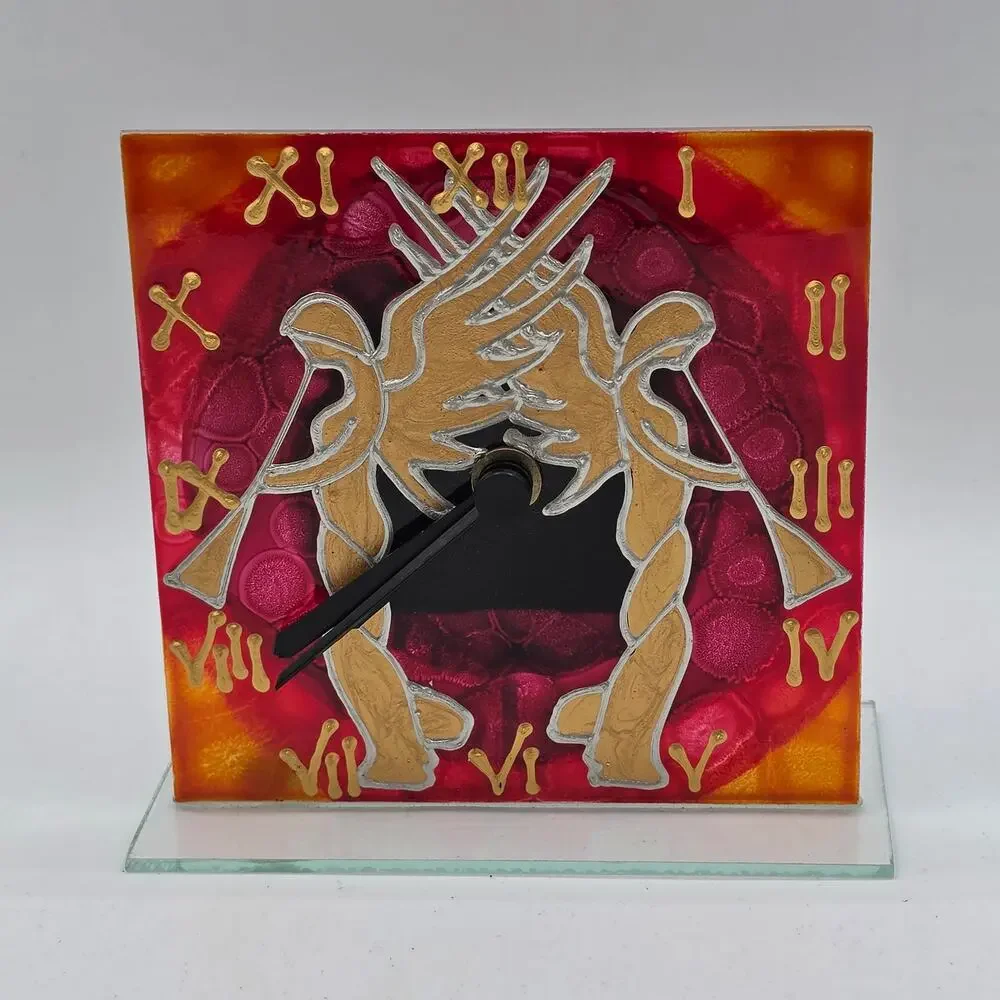 Hand Painted Glass Desk Clock Golden Trumpeting Angels Colorful Red Square Art